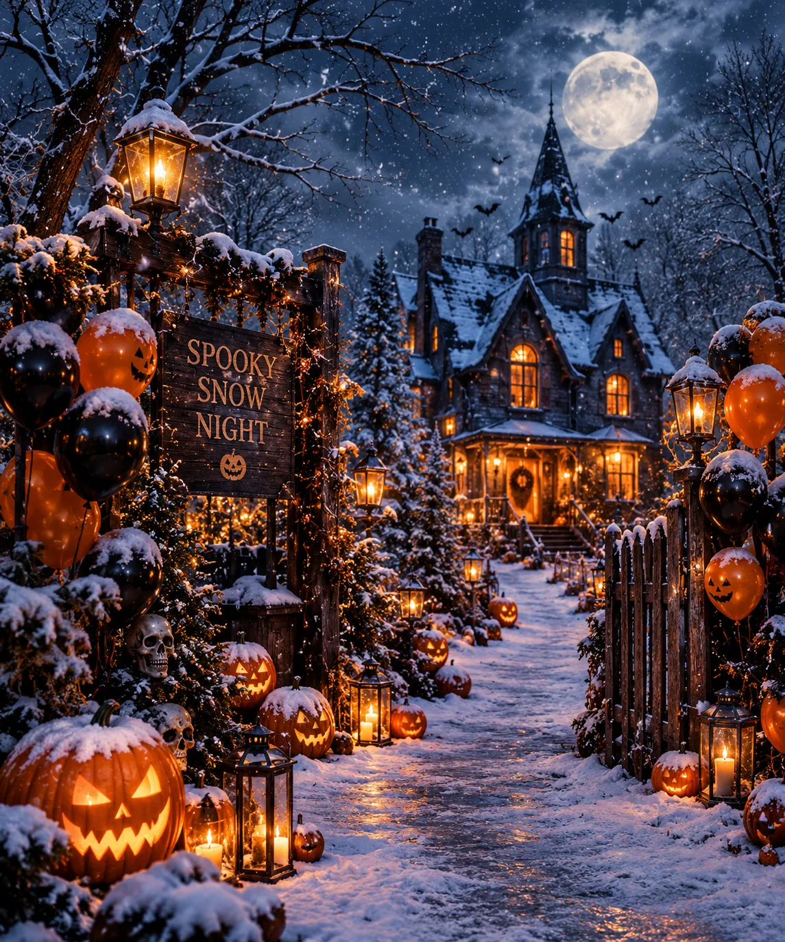 Snow-covered pumpkins and a glowing haunted house on Halloween night.