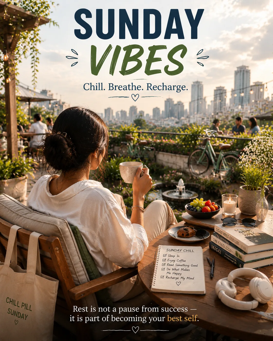 Sunday chill lifestyle with peaceful relaxation, nature, and recharge theme