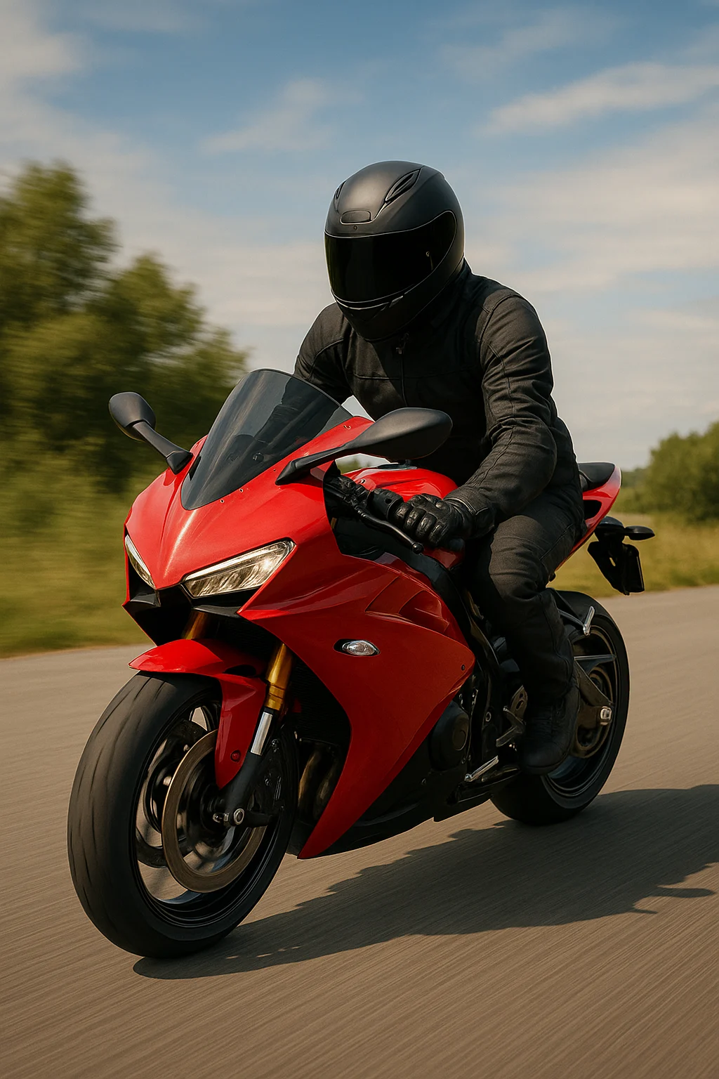 A man riding a red motorcycle down a road