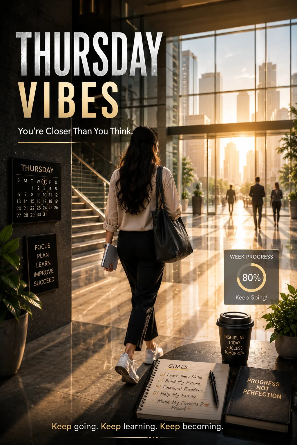 Thursday Vibes motivational poster showing a young professional walking toward a sunlit modern corporate building.