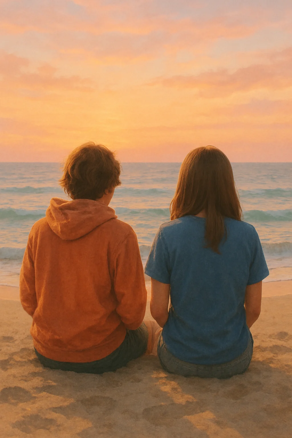 Two friends sitting on the beach watching the sunset