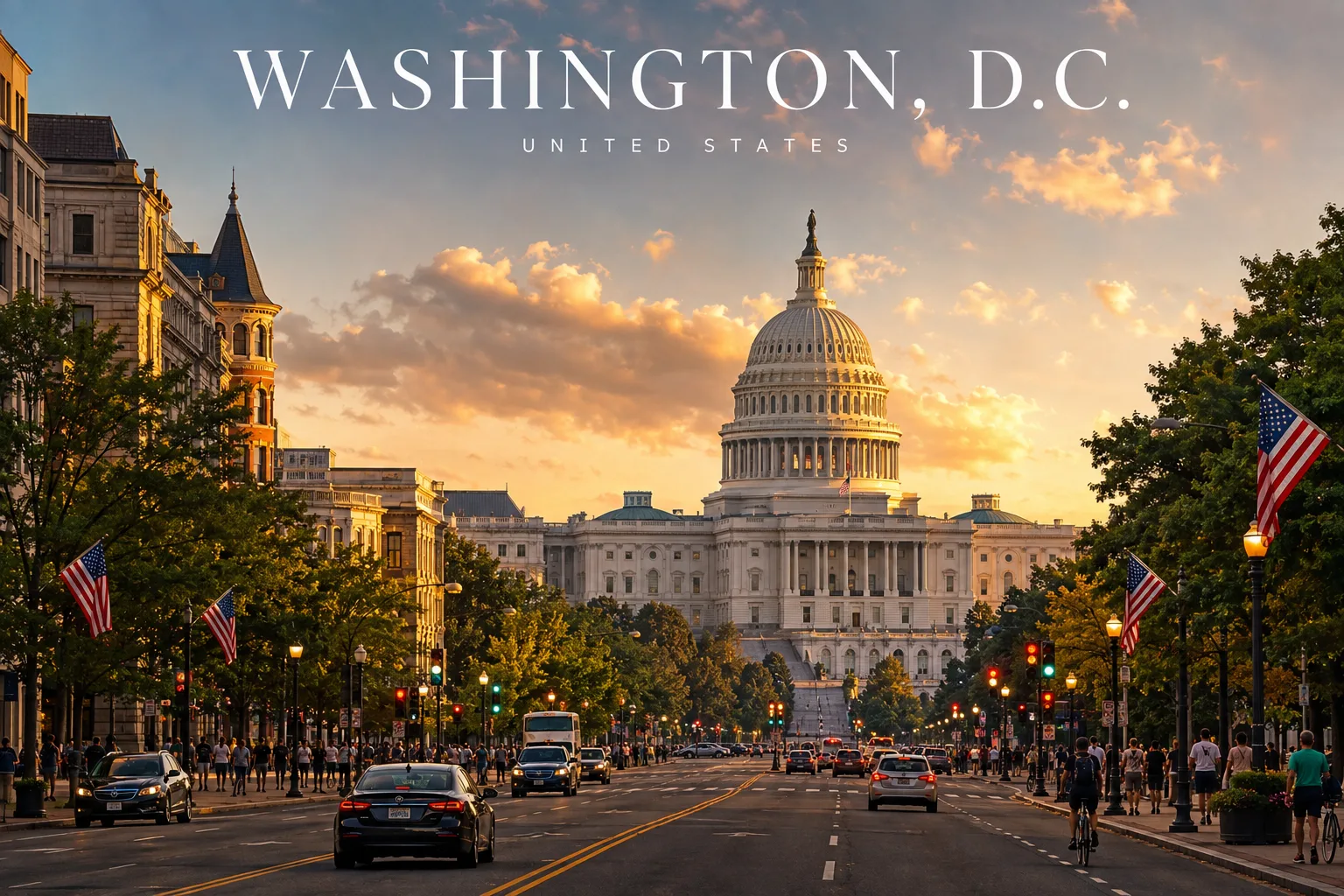 Washington DC Capitol Building with American flags and city street at golden hour