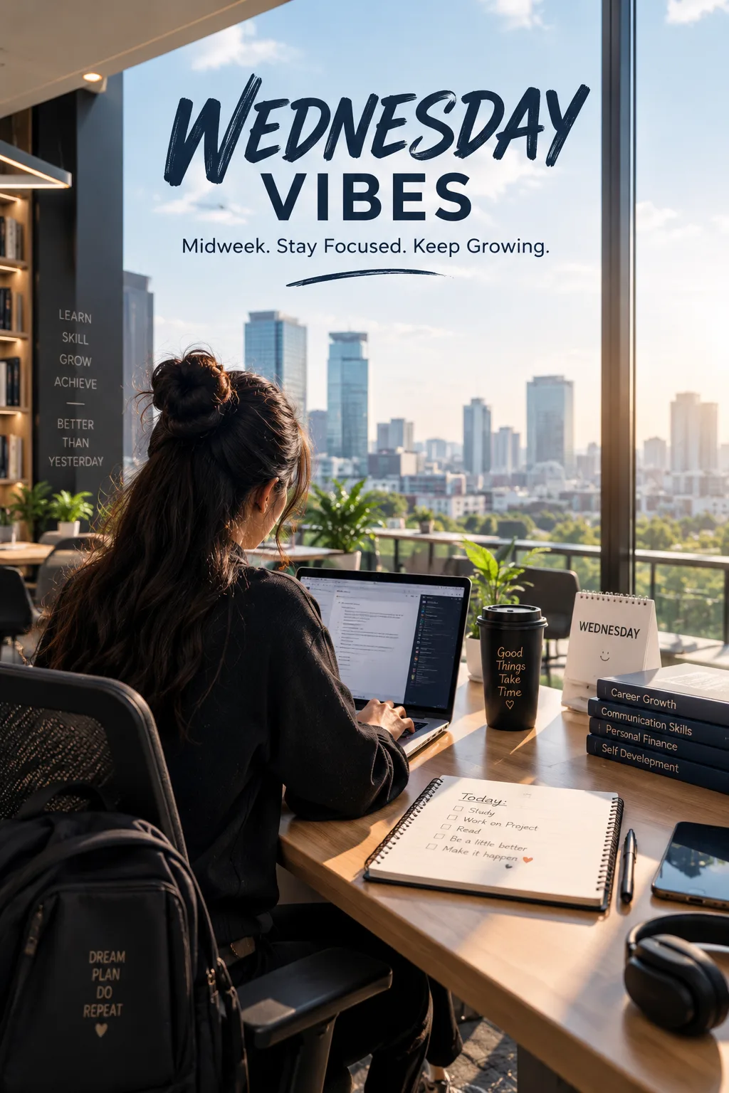 Wednesday Vibes motivational poster showing a focused student working in a modern corporate-style workspace.