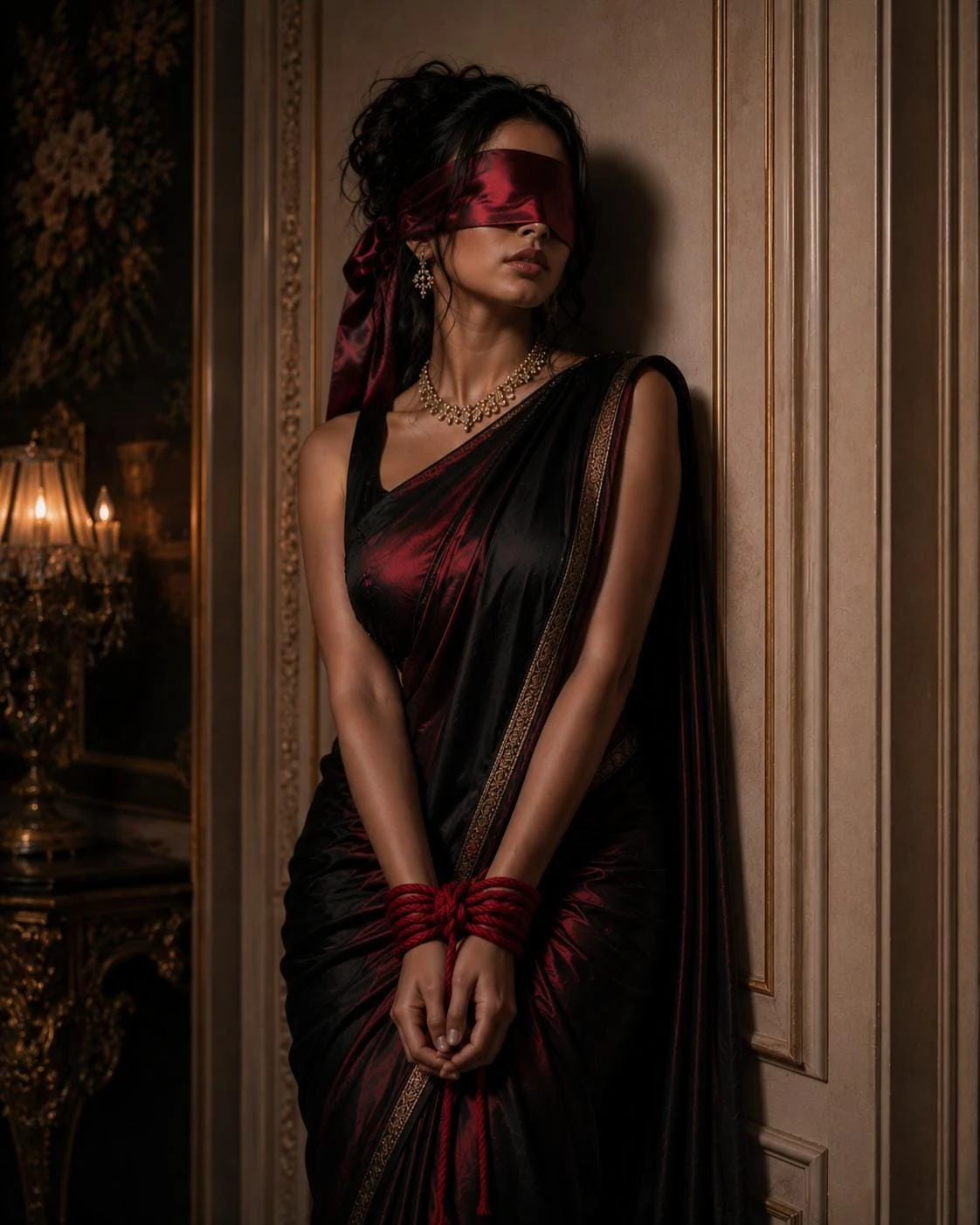 Woman in red saree wearing a blindfold
