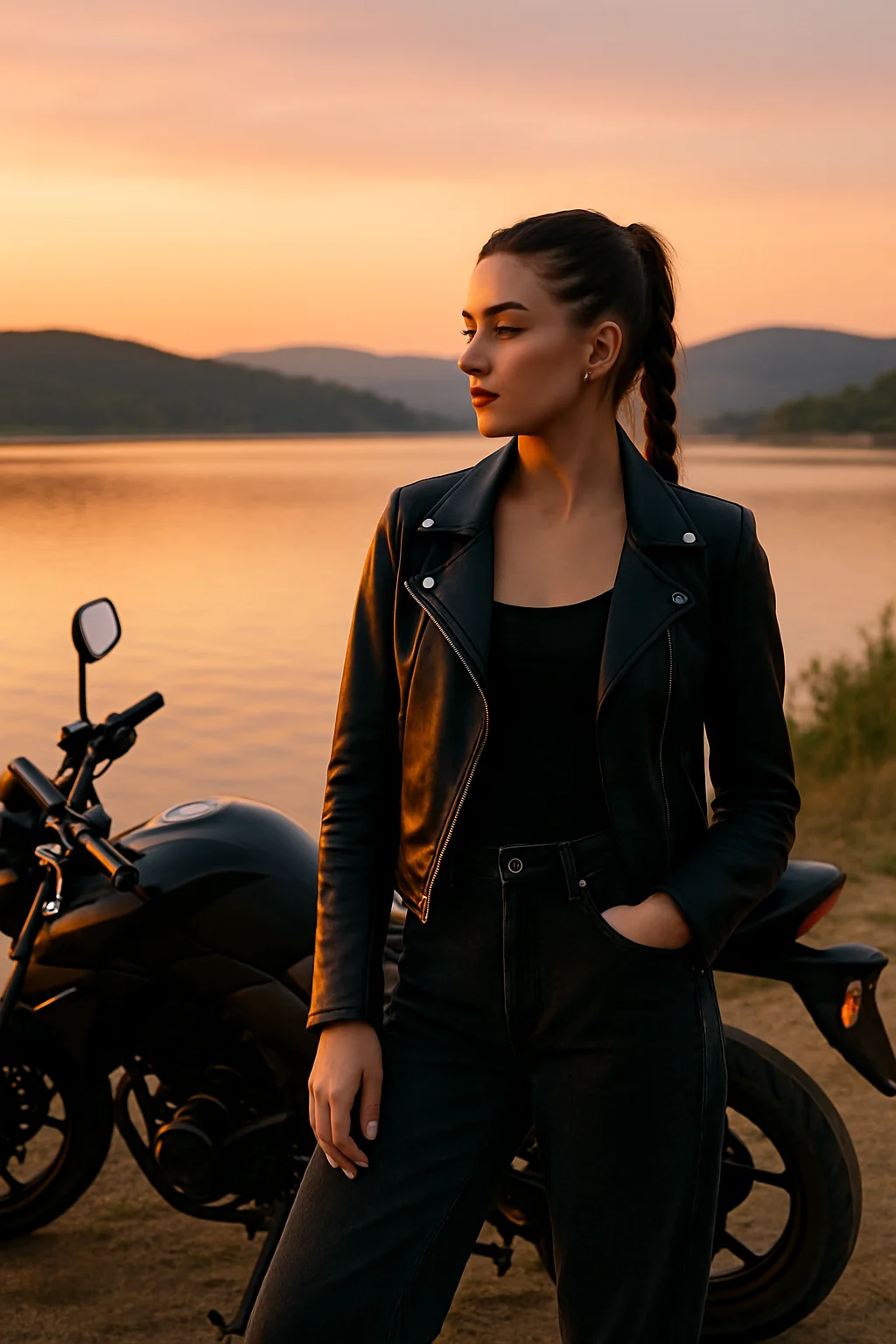 Woman standing next to a motorcycle with an attitude pose