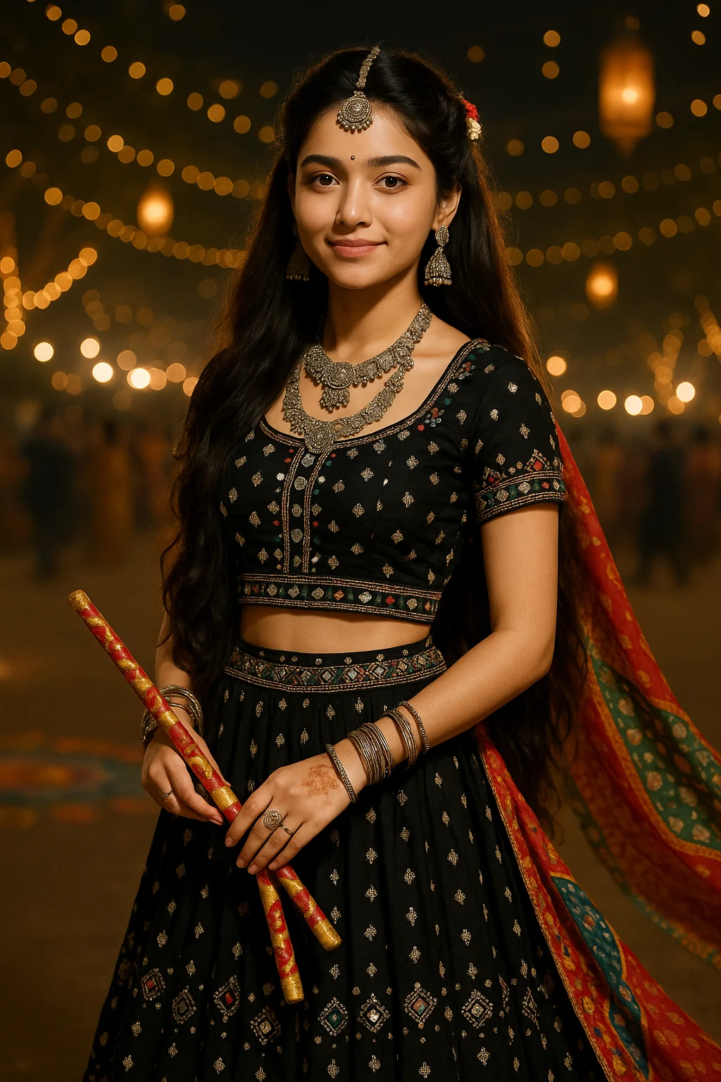 Young Indian girl in black chaniya choli at Navratri Garba night, holding dandiya sticks and smiling.