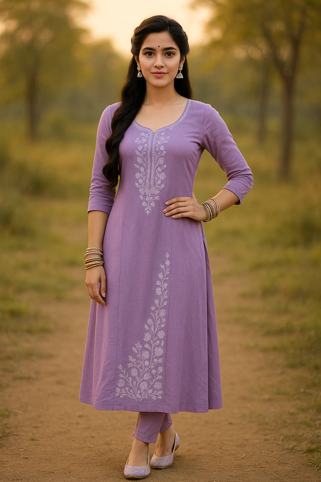 Woman in lavender kurti with juttis and bangles posing outdoors